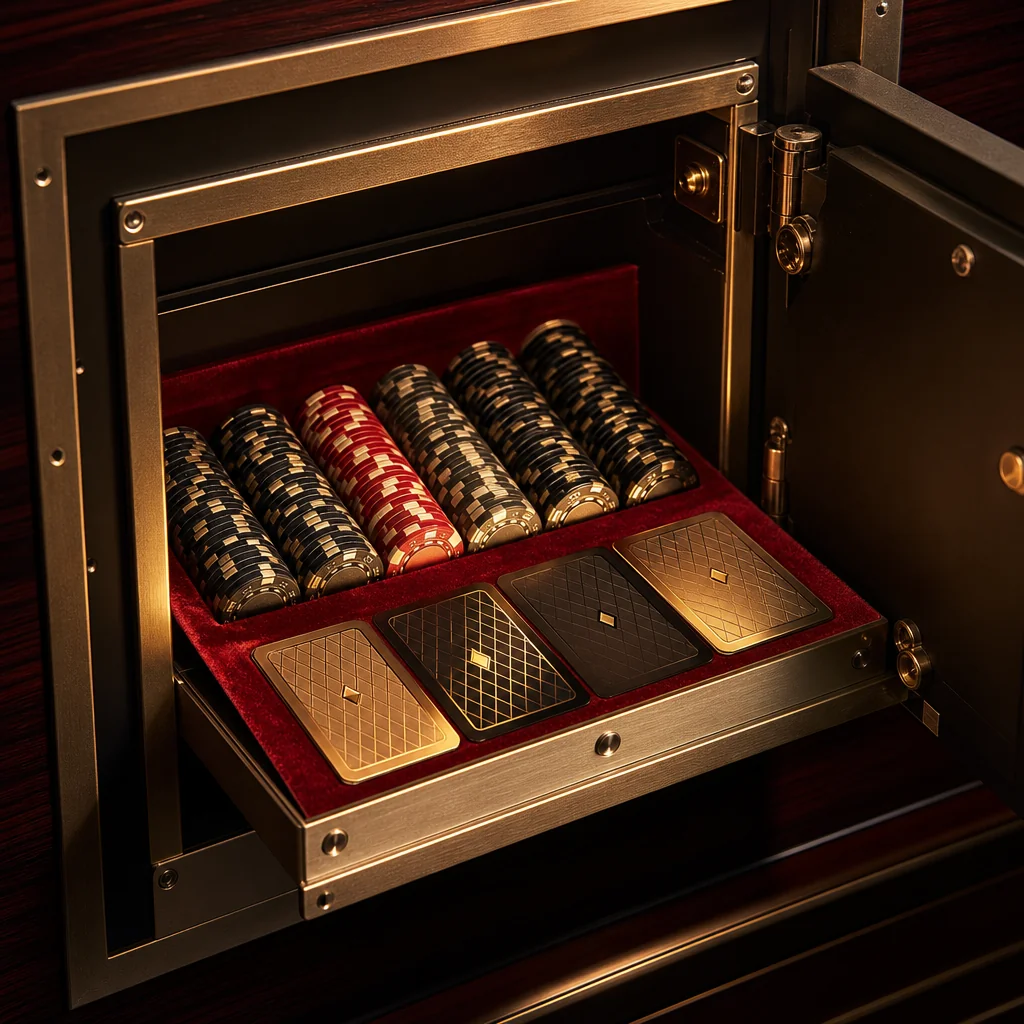 Engraved bank vault and ledger illustration on cream paper
